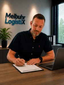 Inhaber von Meibuhr LogistiX bei der Bearbeitung von Export- und Versanddokumenten